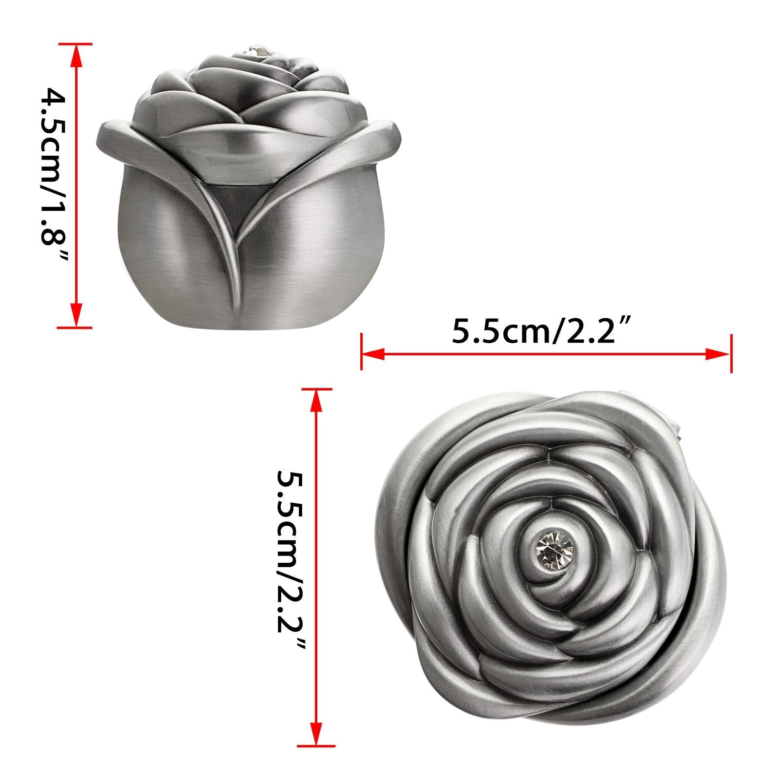 Rose-shaped vintage zinc alloy jewelry box with dimensions shown, featuring a crystal accent.