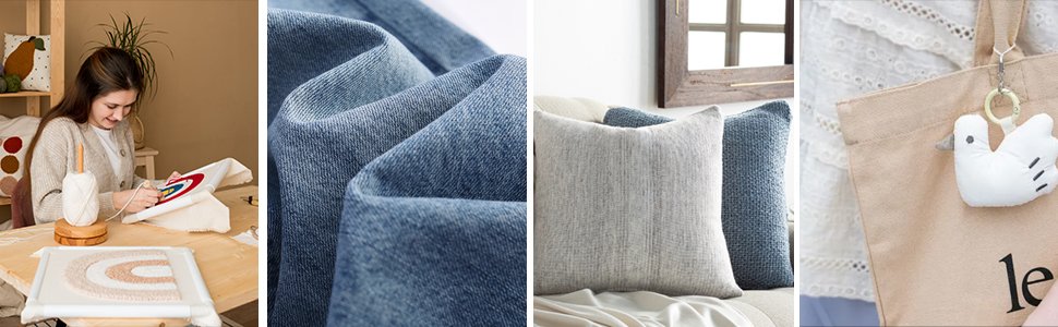 Collage of four images: woman doing punch needle art, close-up of denim fabric, two decorative pillows on a couch, and a tote bag with a duck keychain.
