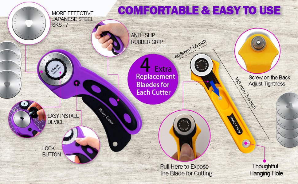 Two rotary cutters, one purple and one yellow, with various blades and features highlighted by text overlays.