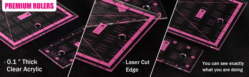 Set of clear acrylic quilting rulers with pink markings, shown from multiple angles with feature callouts.
