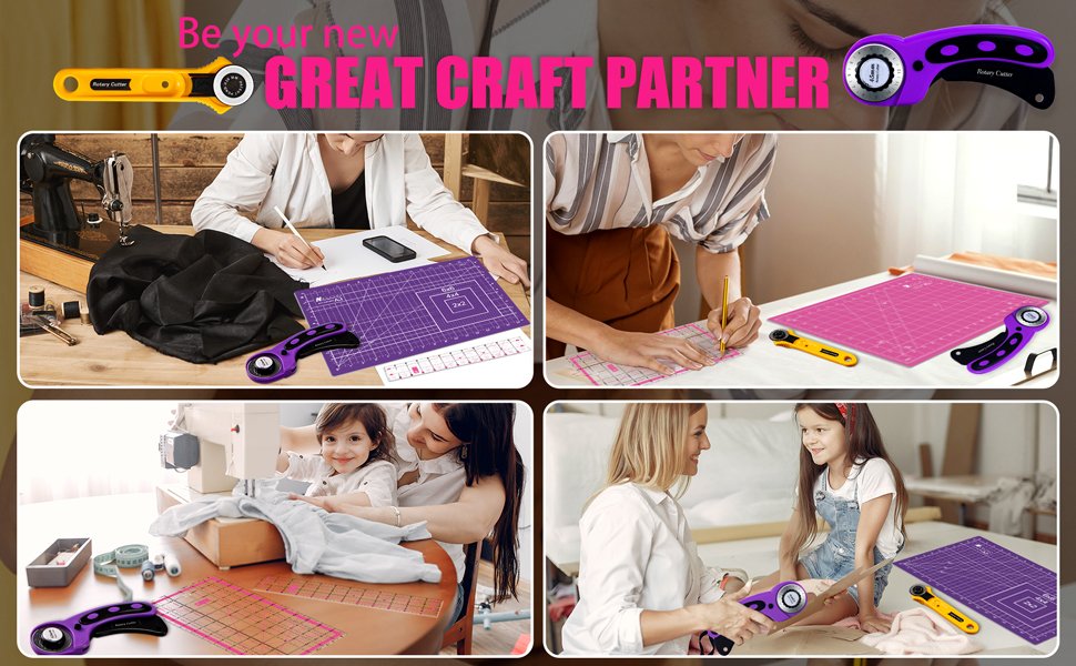 Collage of people sewing and crafting with rotary cutters, mats, and rulers.