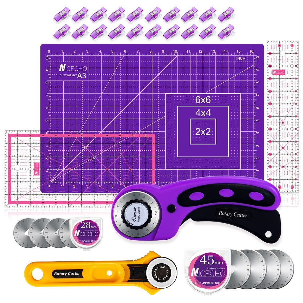 Rotary cutter set with cutting mat, rulers, blades, and clips on a white background. Includes purple and yellow rotary cutters.