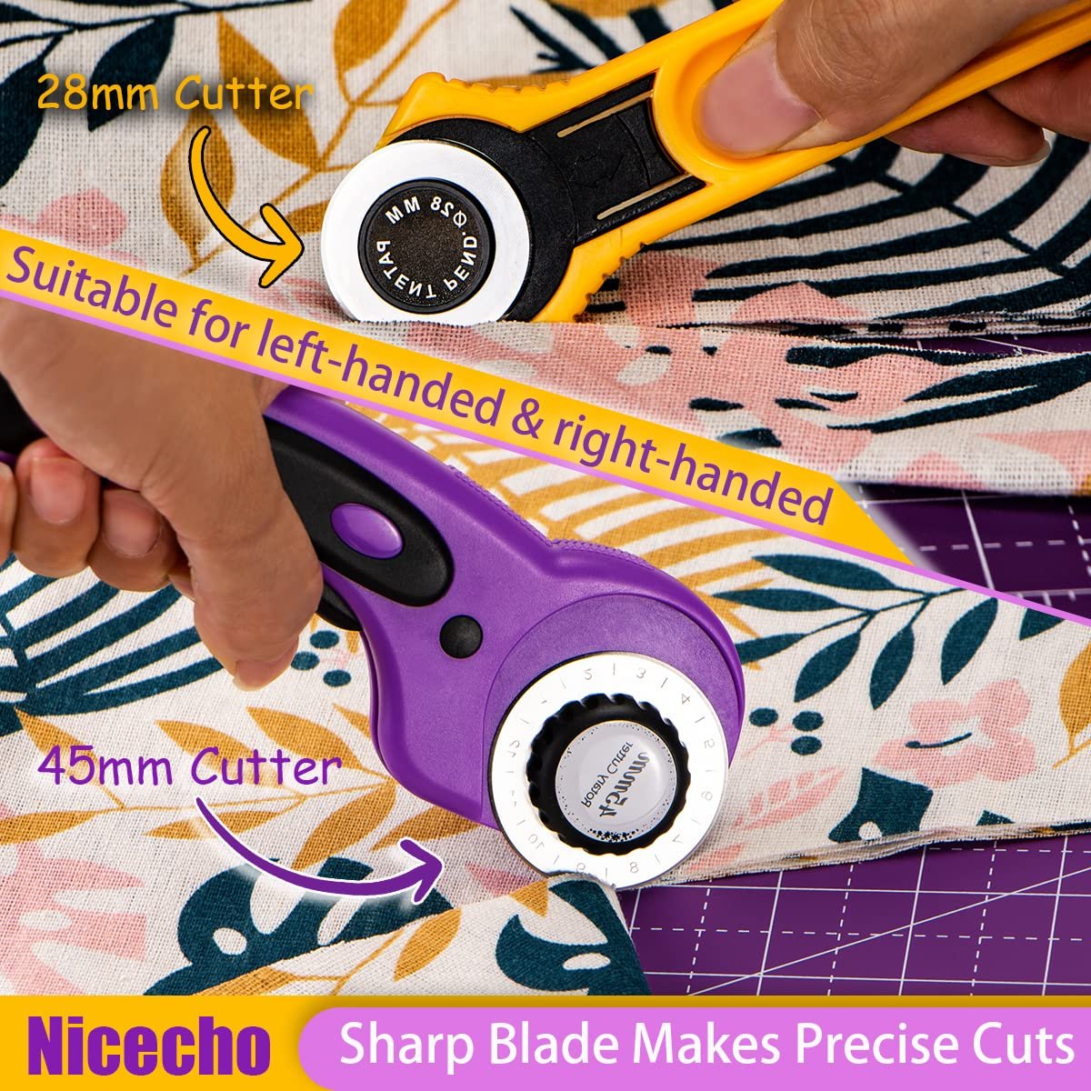 Two rotary cutters, one yellow 28mm and one purple 45mm, cutting fabric on a mat.