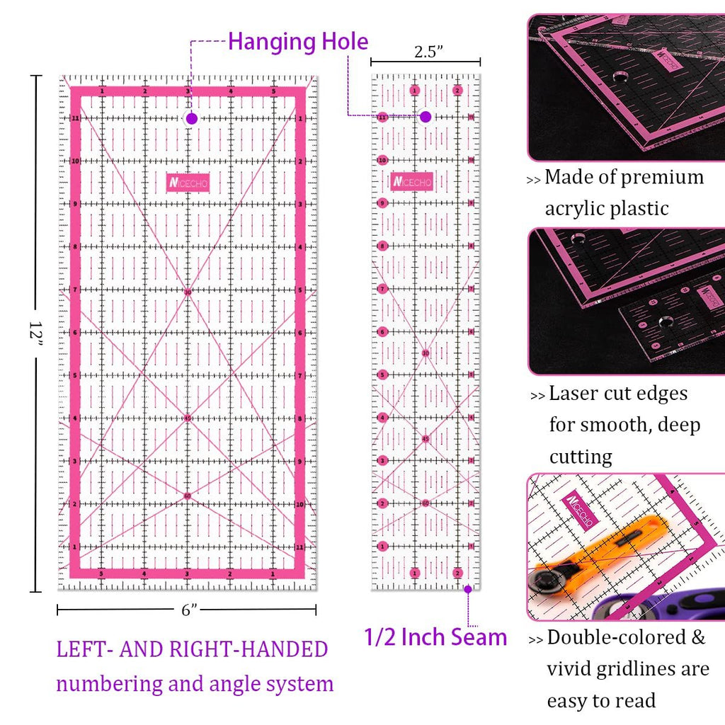 Set of quilting rulers showing a 6x12 inch ruler and a 2.5 inch ruler with measurements and gridlines, plus inset images of product features.
