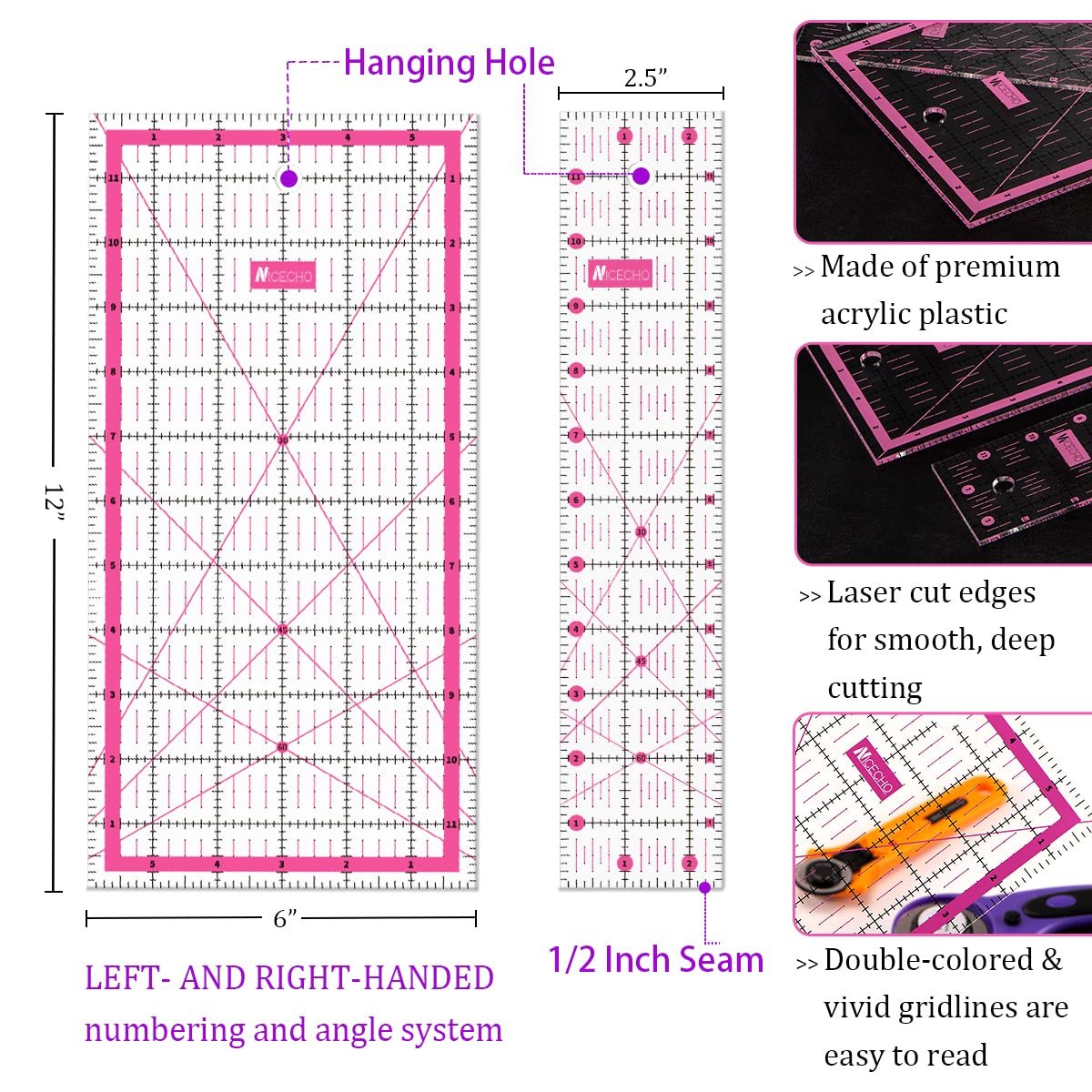 Set of quilting rulers showing a 6x12 inch ruler and a 2.5 inch ruler with measurements and gridlines, plus inset images of product features.