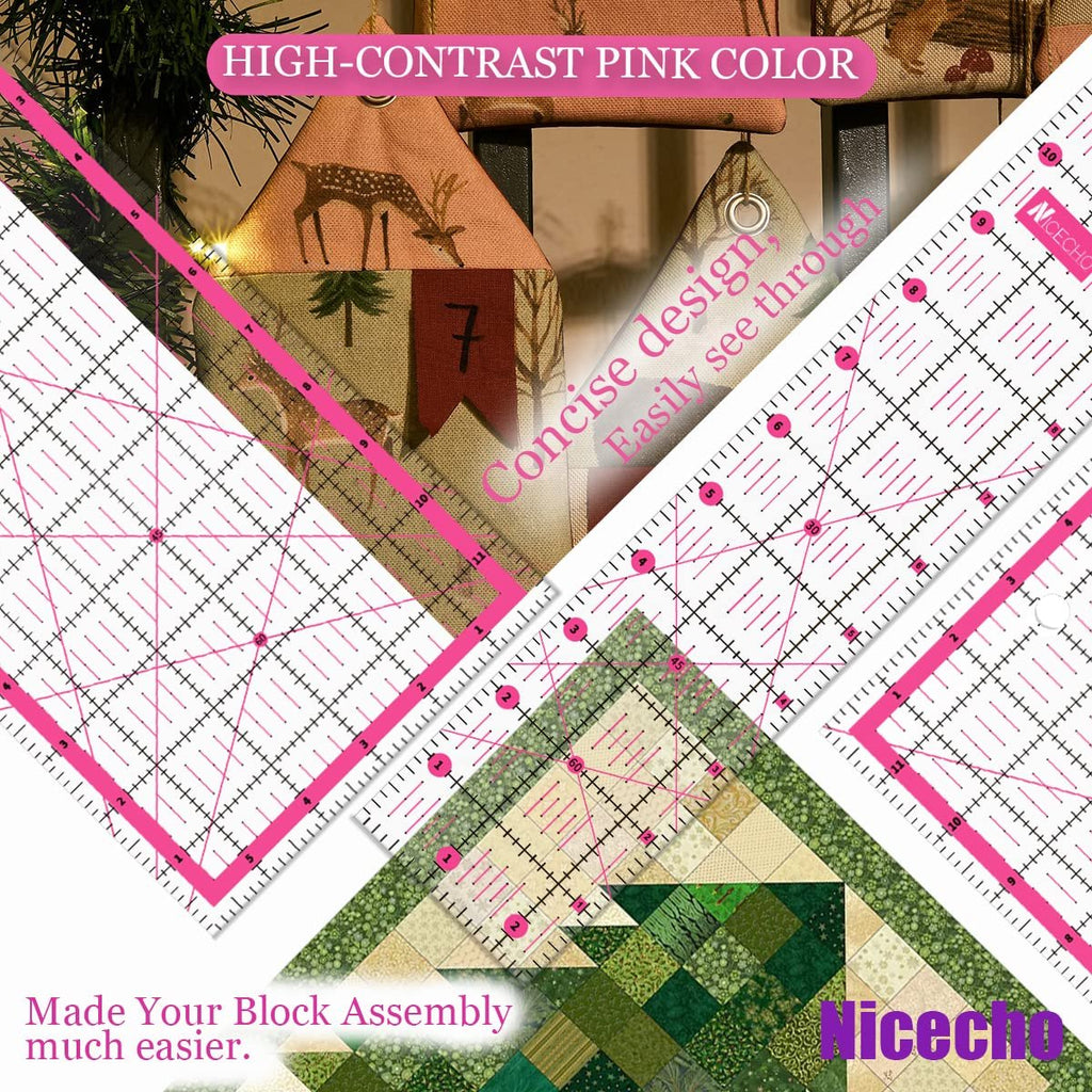 Multiple quilting rulers with pink edges and grid lines, some overlaid on fabric squares and a decorative deer banner.