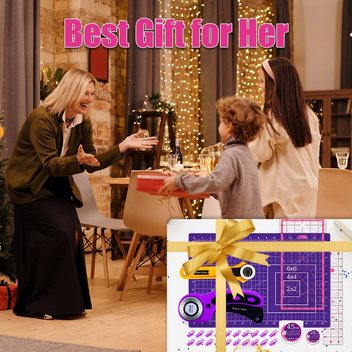 Family exchanging a gift at a holiday gathering, with a product inset showing a rotary cutter set and sewing supplies.