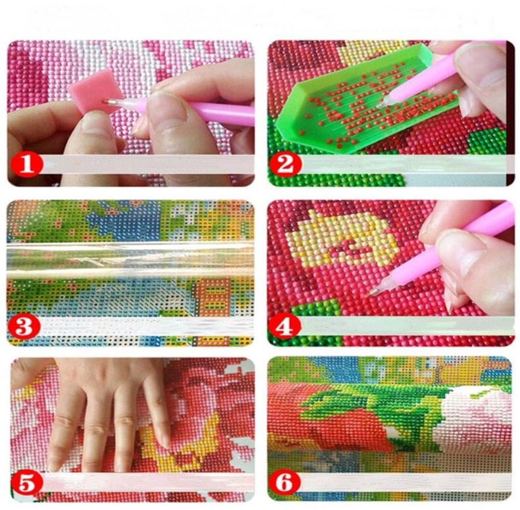 Diamond painting kit instructions showing steps 1-6 with hands and tools applying rhinestones to canvas.