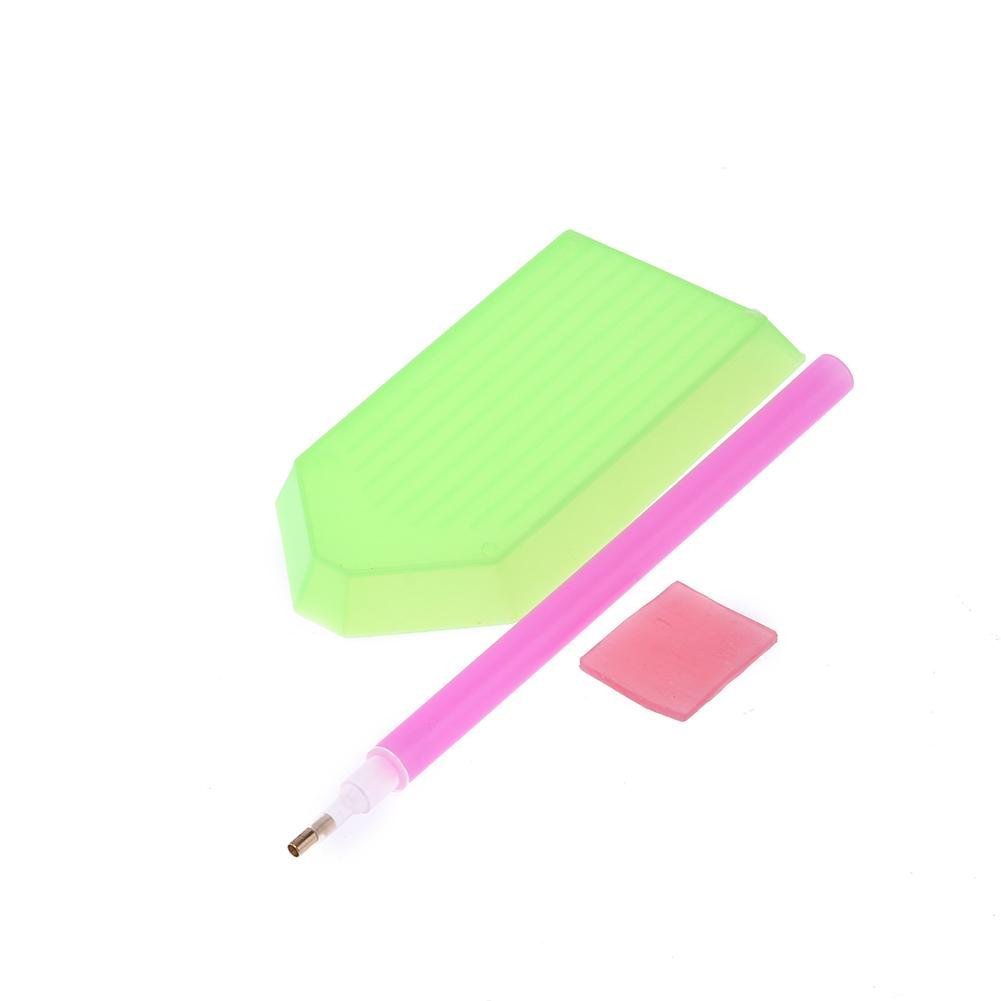 Diamond painting tools including a pink drill pen, green sorting tray, and pink adhesive square on a white background.
