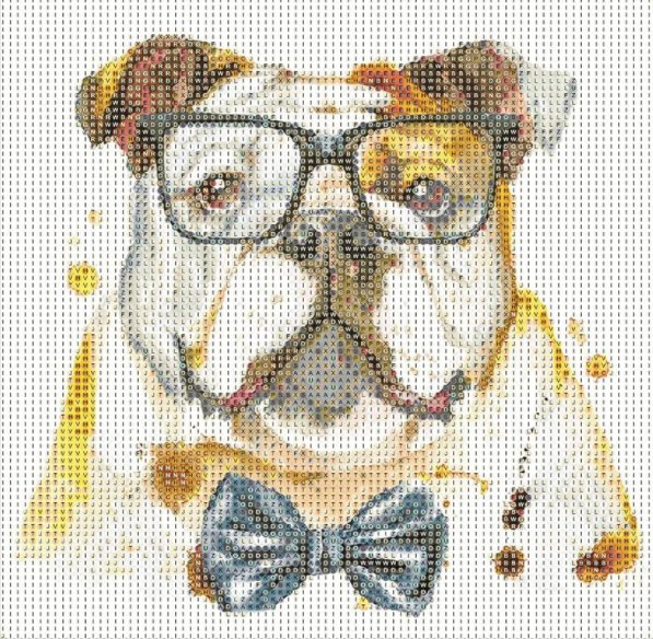 Diamond painting kit of a bulldog wearing glasses and a bow tie, watercolor style