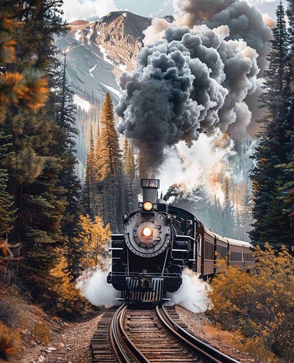 Steam train traveling through a forest with mountains in the background and autumn foliage.