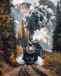 Steam train traveling through a forest with mountains in the background and autumn foliage.
