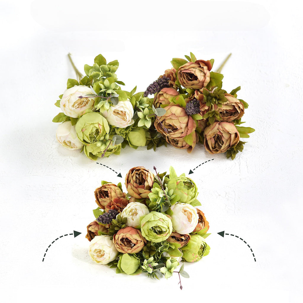 Two bouquets of artificial peonies in rustic brown, beige, and green with hydrangeas, shown from different angles on a white background.