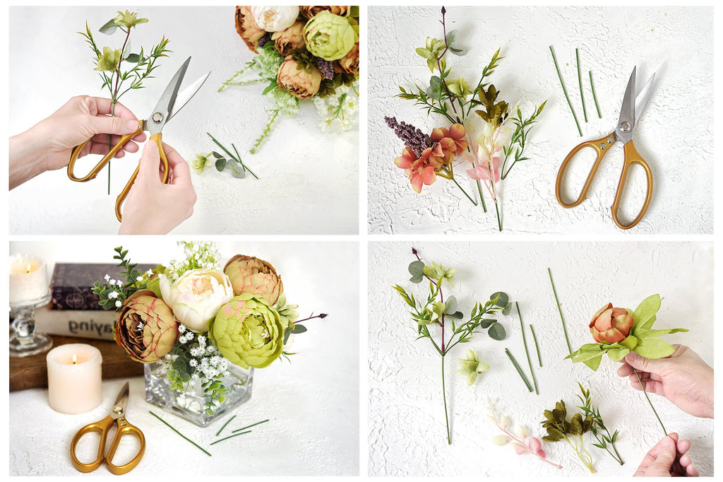 Collage showing artificial peony bouquet assembly: hands cutting stems, loose flowers and scissors, finished bouquet in vase, and a single flower stem being held.
