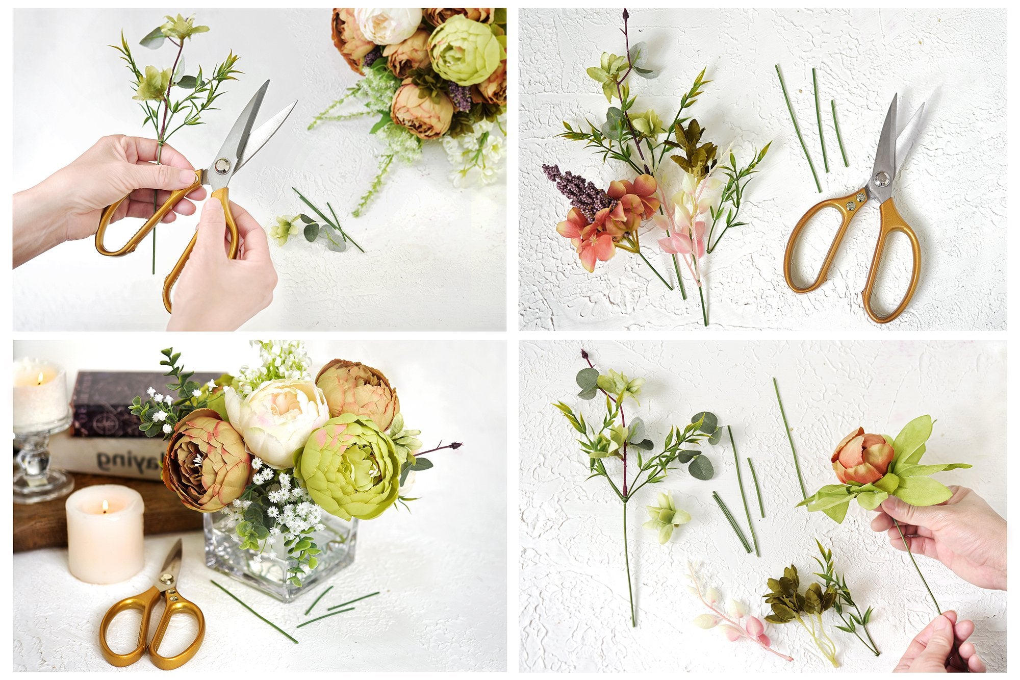 Collage showing artificial peony bouquet assembly: hands cutting stems, loose flowers and scissors, finished bouquet in vase, and a single flower stem being held.