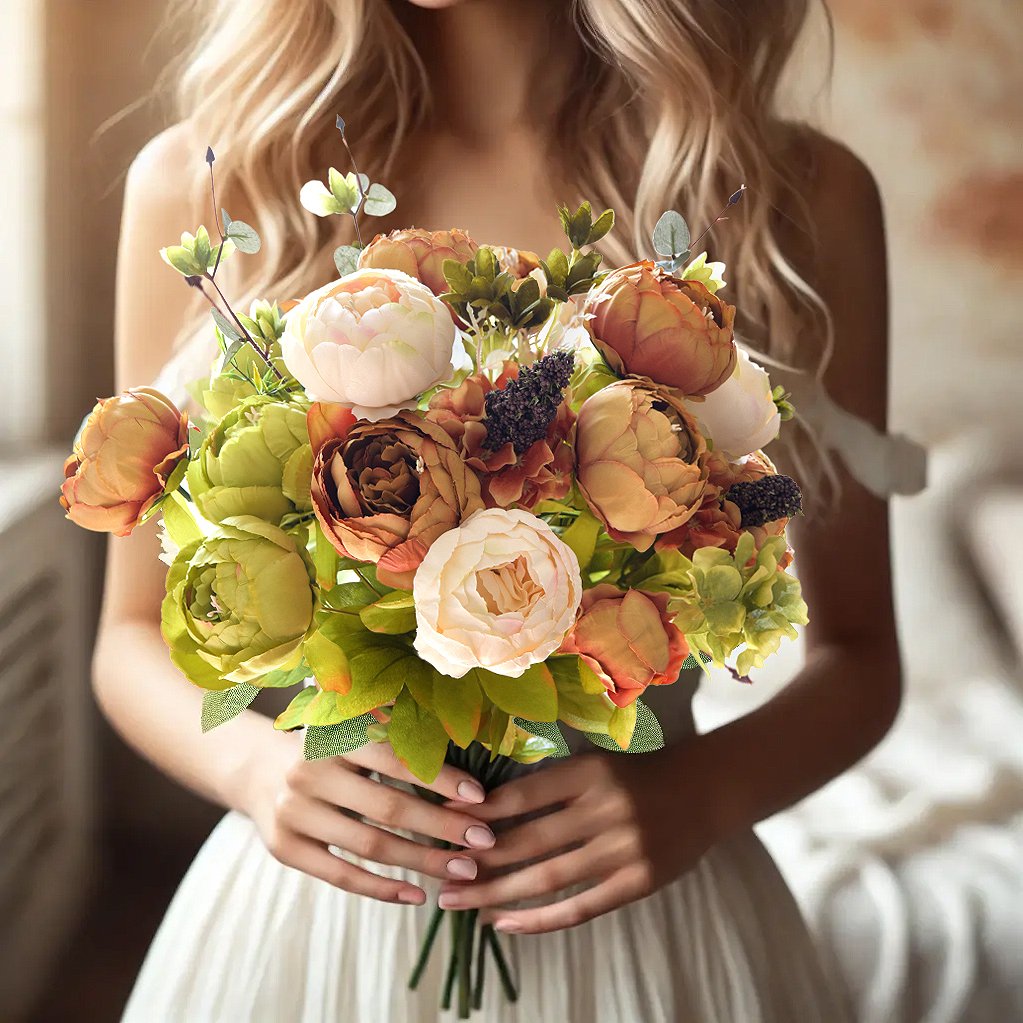 Woman in white dress holding a rustic bouquet of artificial peonies and hydrangeas in brown, beige, and green tones.