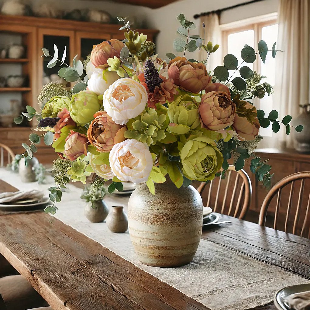 Rustic artificial peony bouquet in a textured vase on a wooden table with chairs and a cabinet in the background.