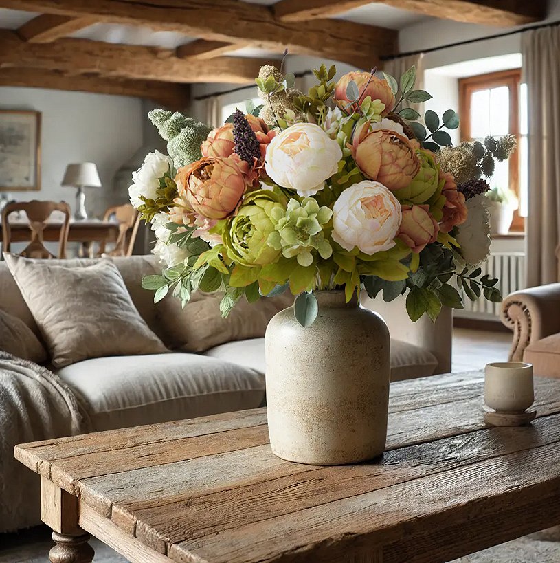 Rustic artificial peony bouquet in a beige vase on a wooden table in a living room setting