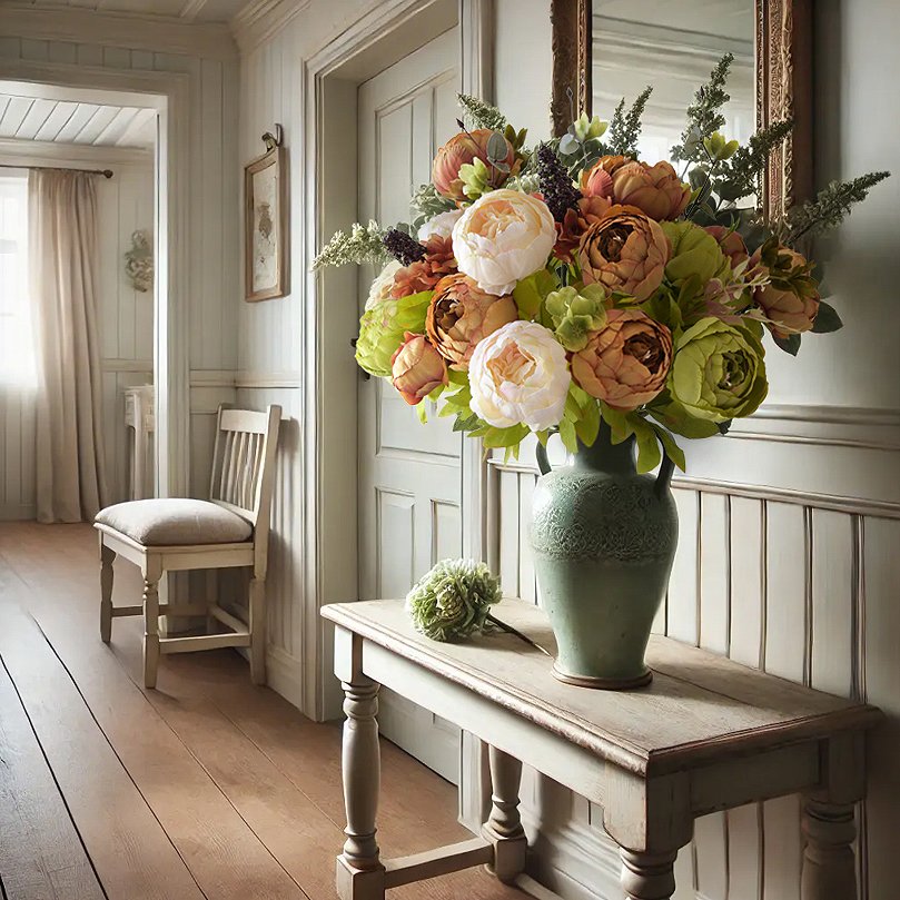 Artificial peony bouquet in a vase on a table in a hallway with a chair and mirror
