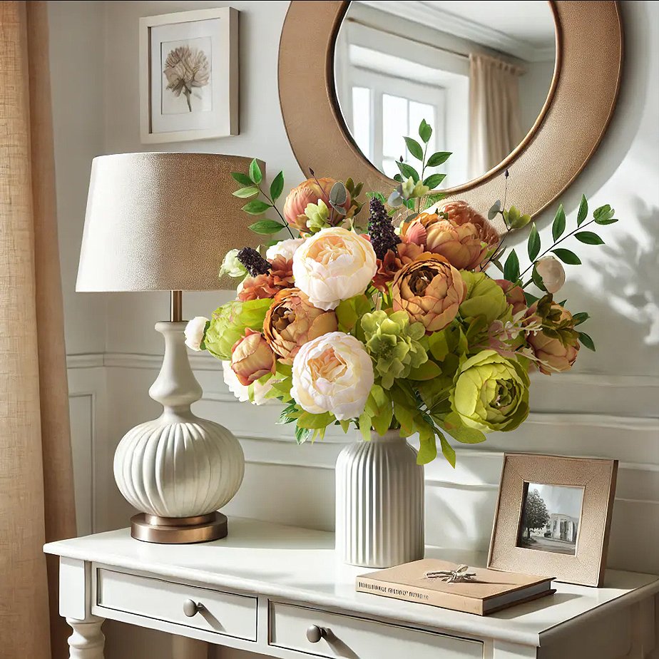 Artificial peony bouquet in a vase on a console table with a lamp and framed picture.