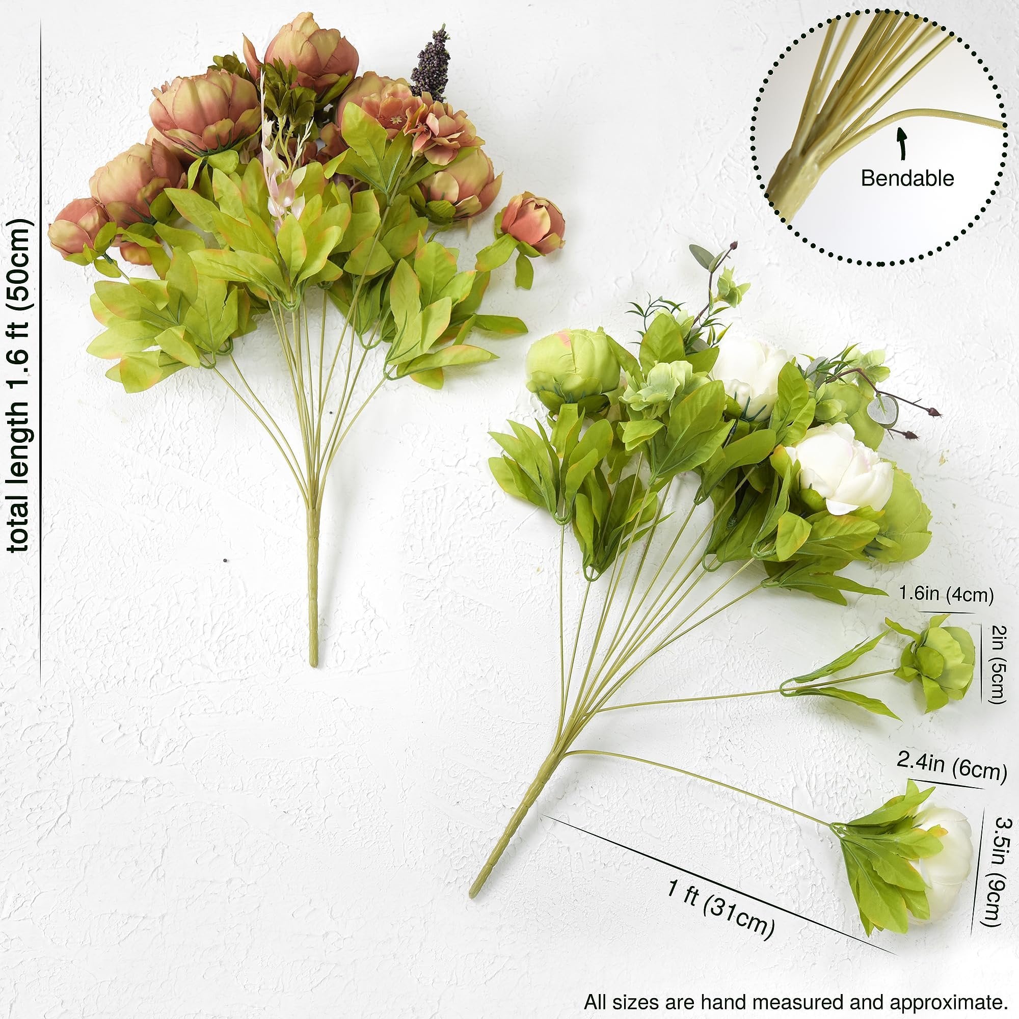 Two artificial peony bouquets with hydrangeas, one brown/beige and one white, displayed on a white textured surface with measurement callouts.