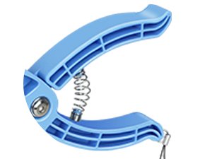 Blue crochet safety eye tool with spring mechanism, close-up view