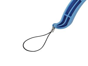 Blue crochet safety eye tool handle with attached black loop strap, close-up detail.