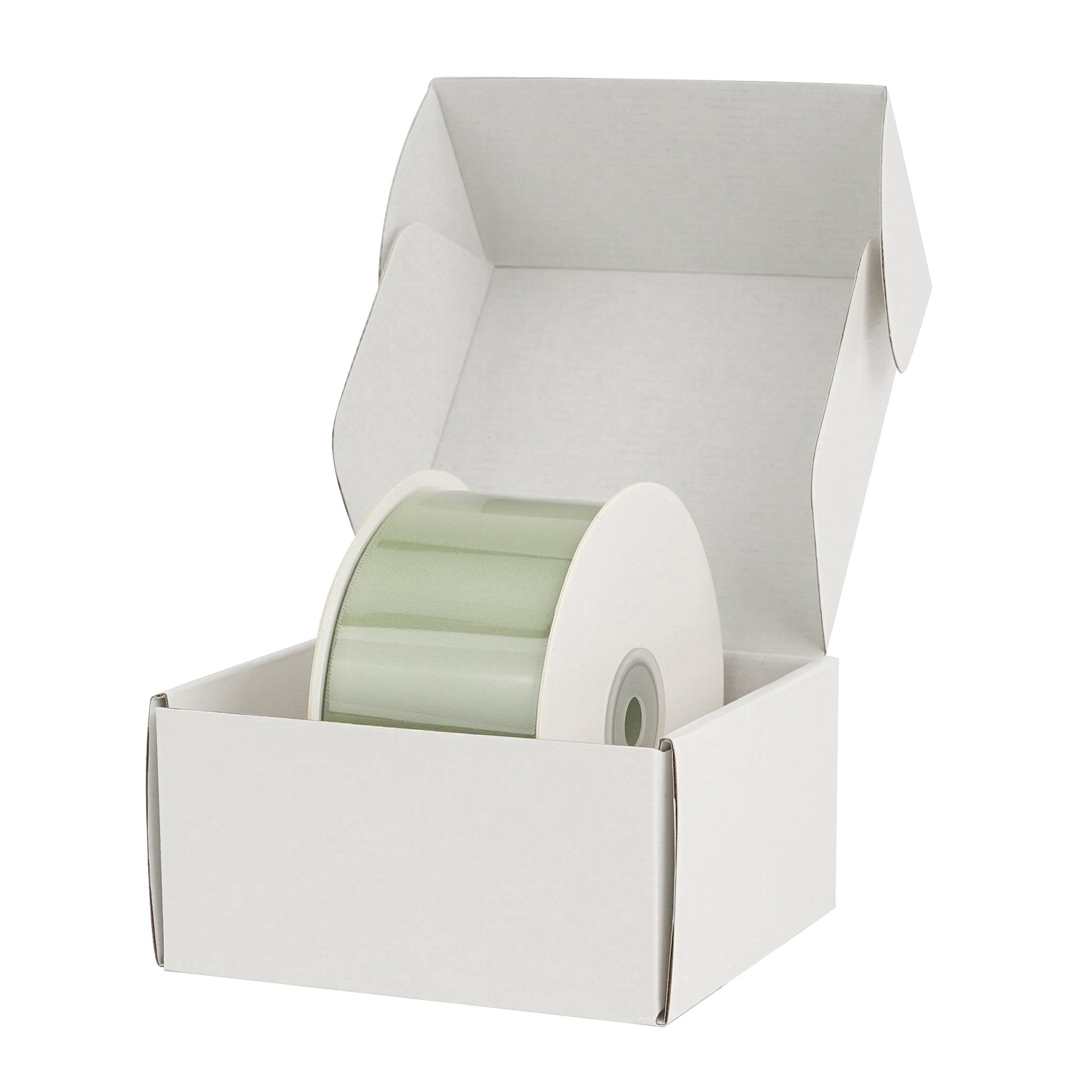 Sage green polyester satin ribbon roll inside an open white cardboard box, presented on a white background.