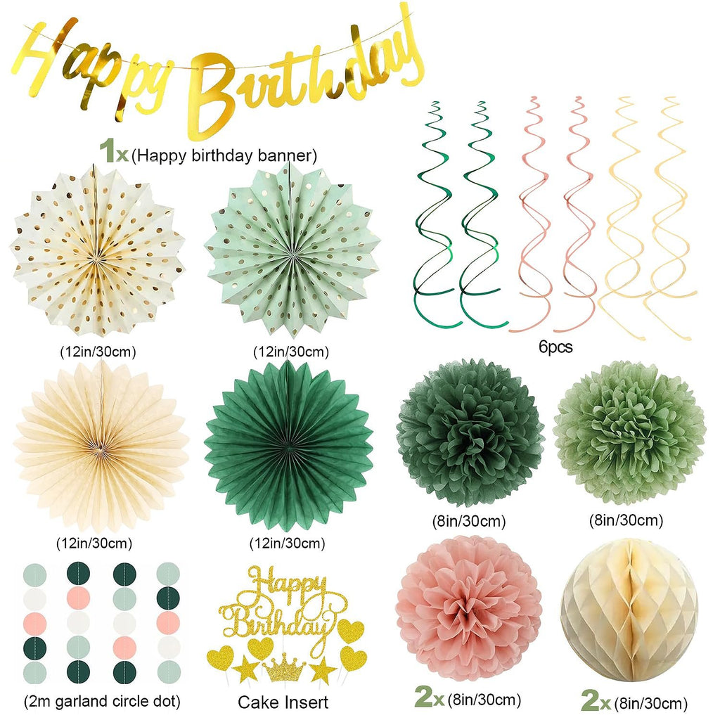 Birthday decoration kit including banner, paper fans, pom poms, honeycomb balls, garland, and cake insert.