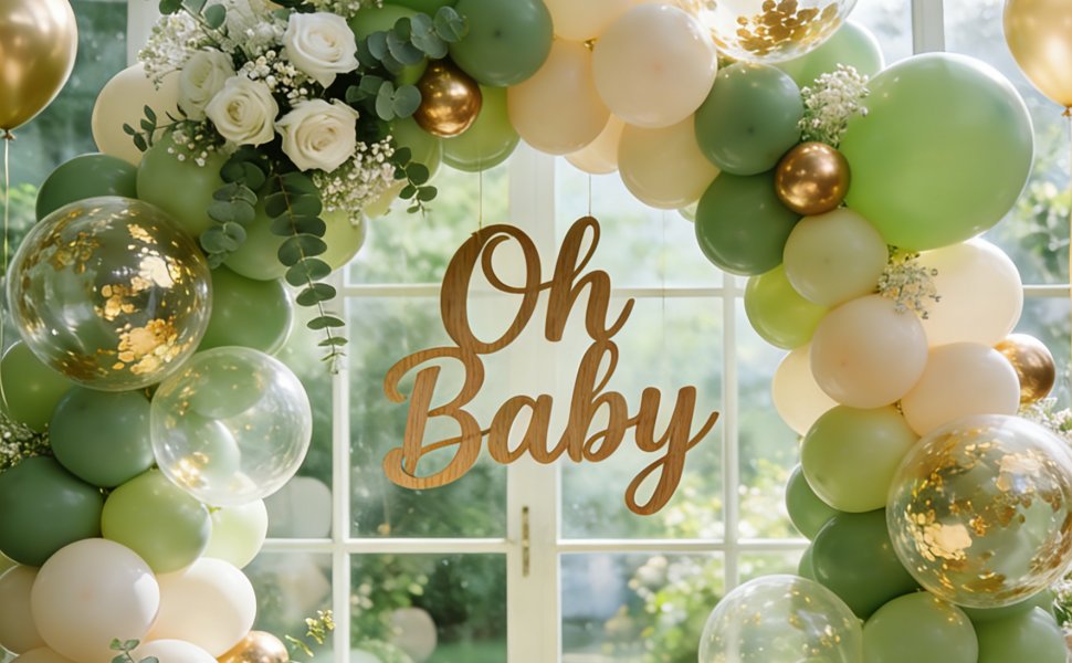 Sage green and cream balloon arch with gold confetti balloons and white roses, featuring an 'Oh Baby' wooden sign.