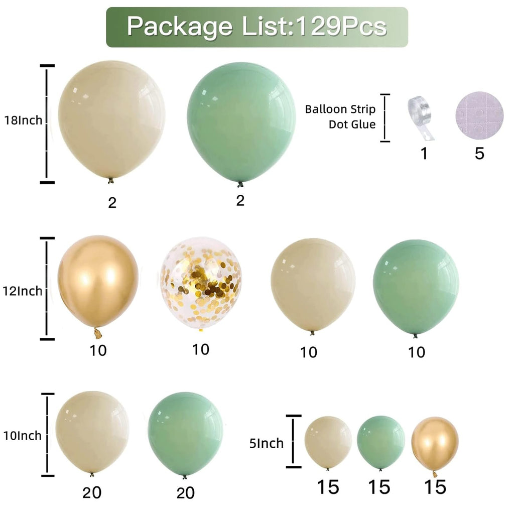 Sage green and gold balloon arch kit contents with size and quantity labels.