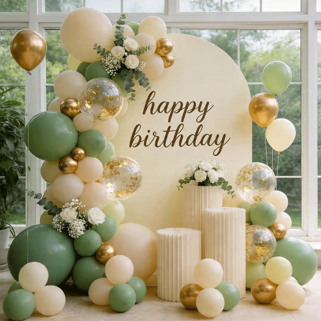 Sage green, cream, and gold balloon arch with confetti balloons and white flowers, set against a circular backdrop with 'happy birthday' text.