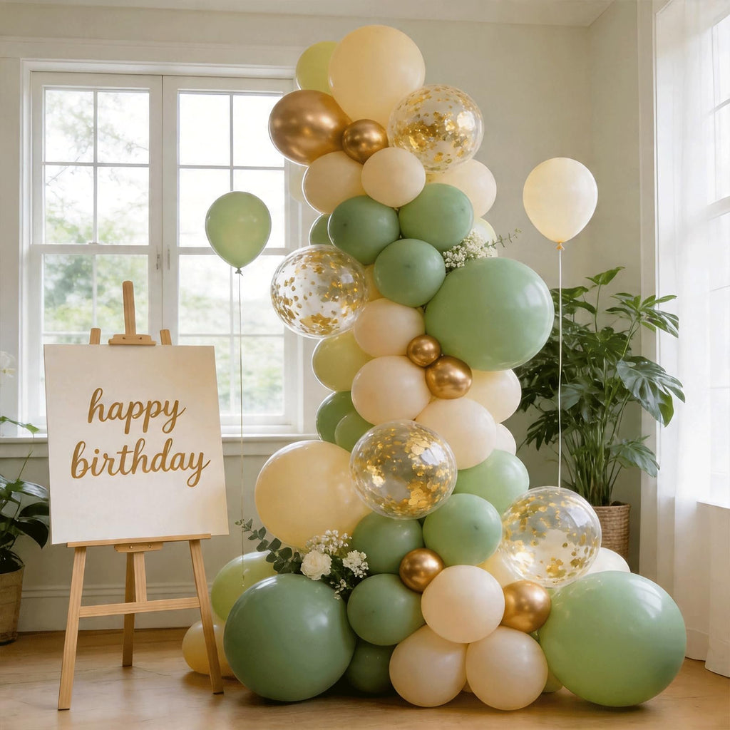Sage green and gold balloon arch with confetti balloons and a 'happy birthday' sign on an easel.