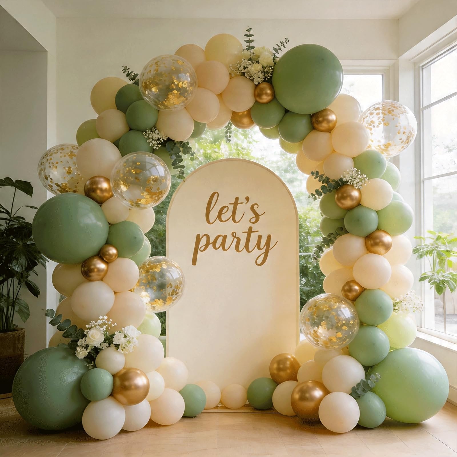 Sage green and cream balloon arch with gold accents and confetti balloons, featuring a central arch panel with 'let's party' text.