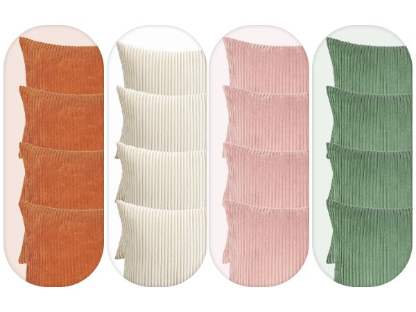Four stacks of corduroy throw pillow covers in different colors: rust, cream, pink, and sage green.