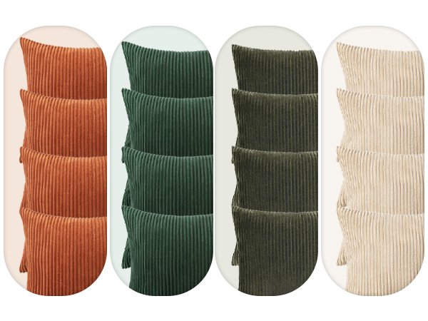 Four stacks of corduroy throw pillow covers in different colors: rust, dark green, olive green, and beige.