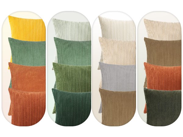 Four stacks of corduroy throw pillow covers in various colors like yellow, sage green, rust, and beige.