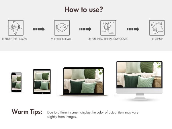 Instructions for using pillow covers and display of pillow covers on various devices.