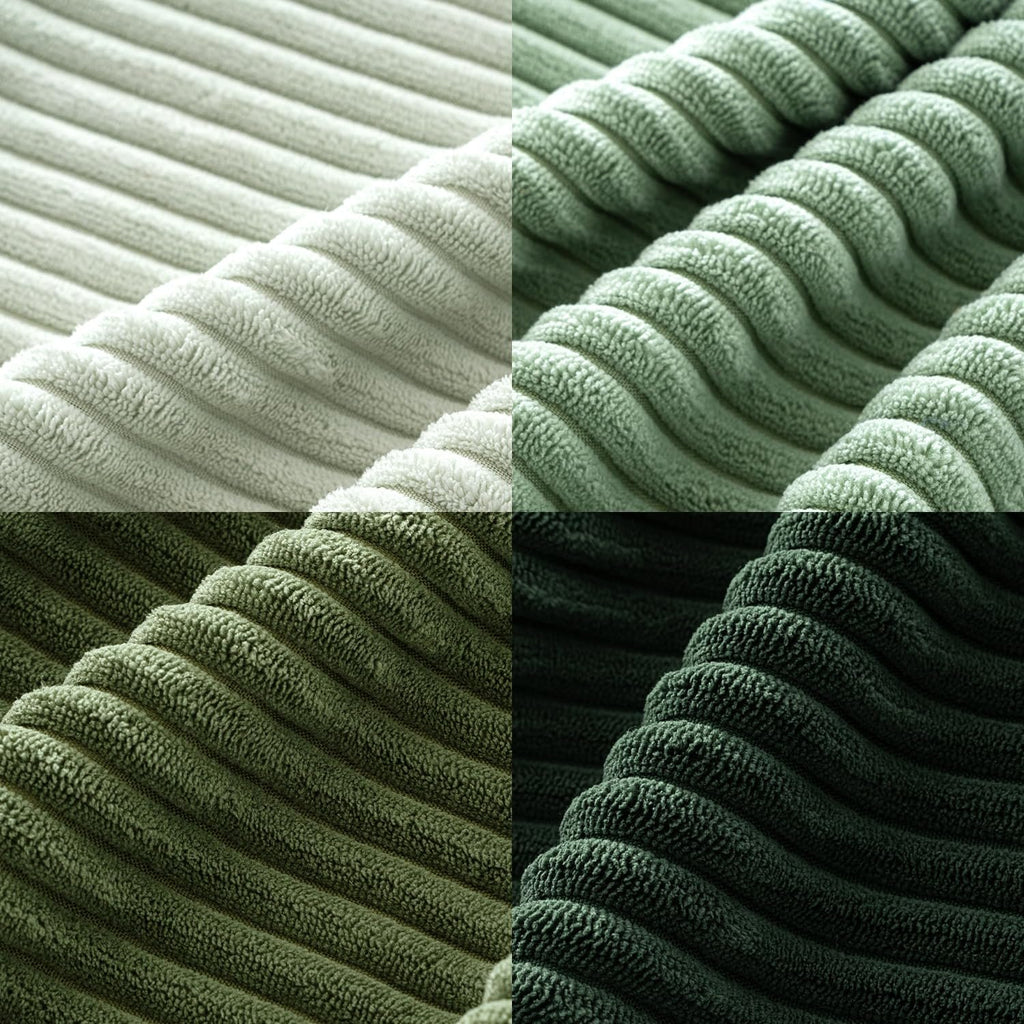 Close-up of four shades of sage green corduroy fabric texture, showing the ribbed pattern and soft material.