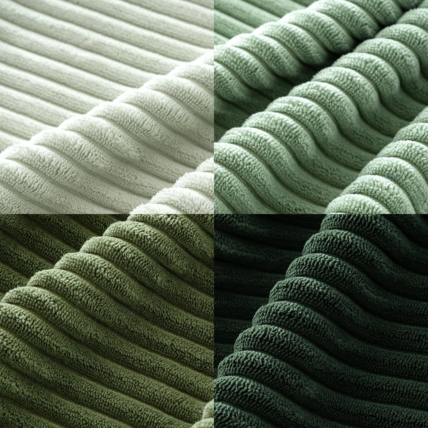 Close-up of four shades of sage green corduroy fabric texture, showing the ribbed pattern and soft material.