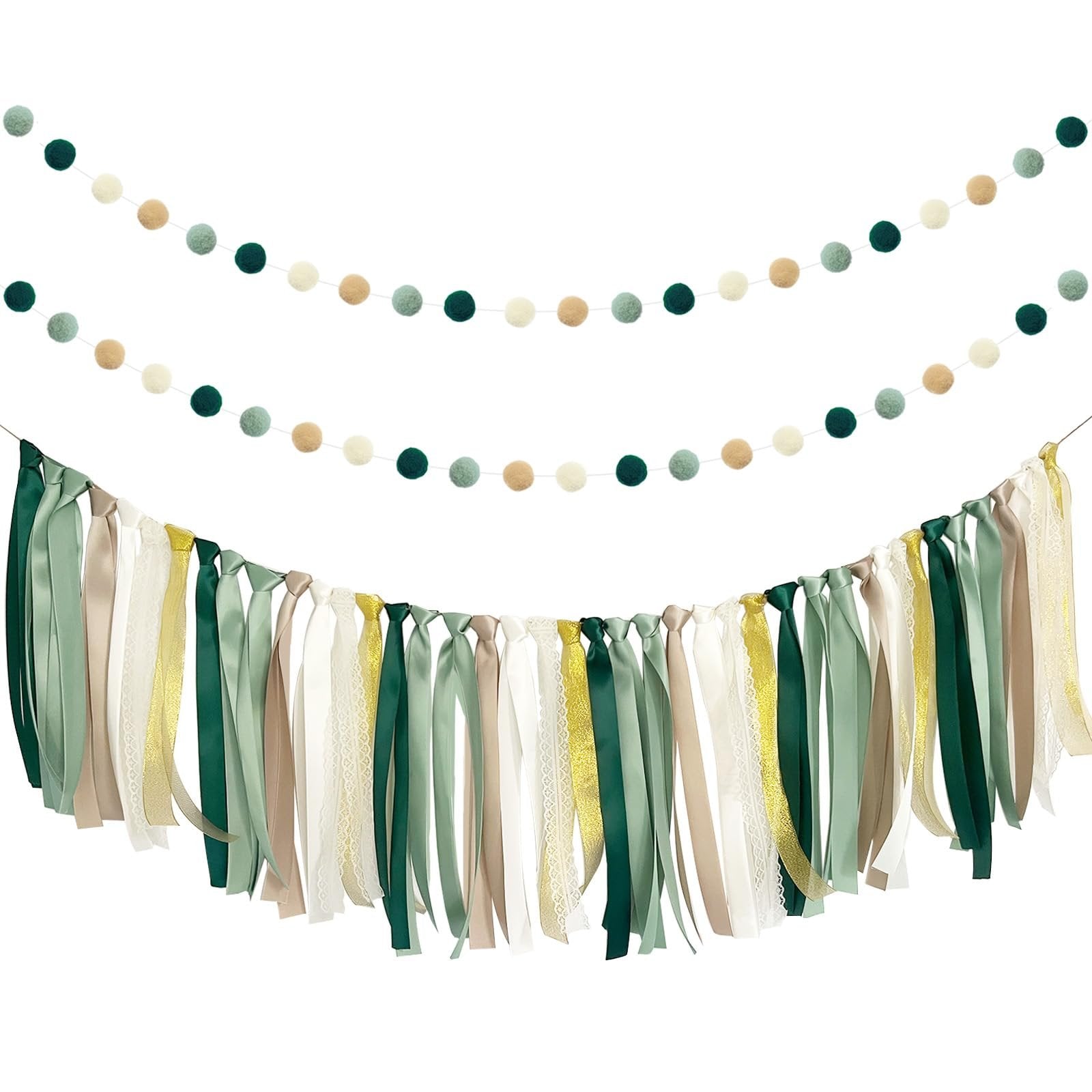 Sage green ribbon garland and felt ball garland against a white background