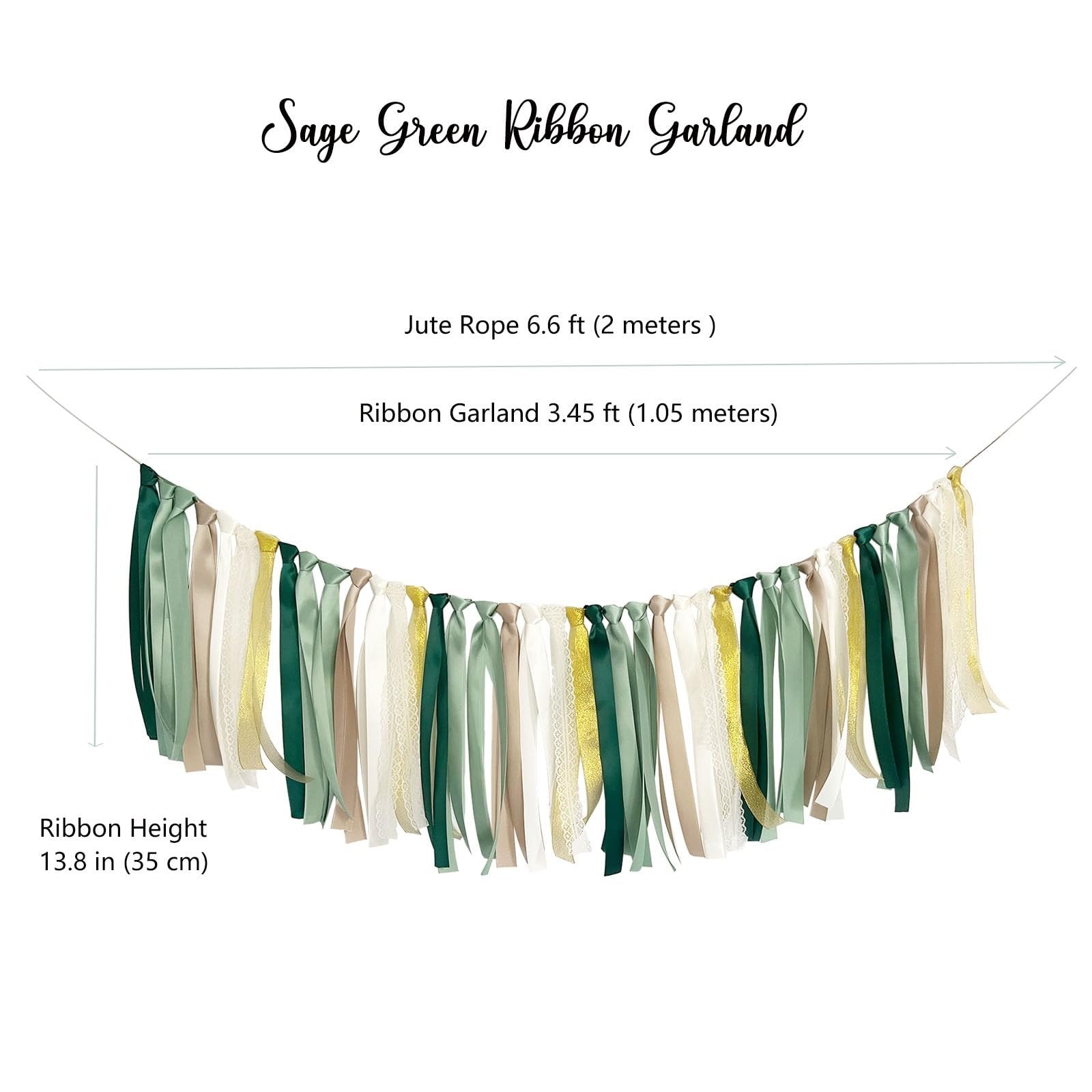 Sage green ribbon garland with jute rope, showing dimensions for ribbon height, rope length, and garland length.