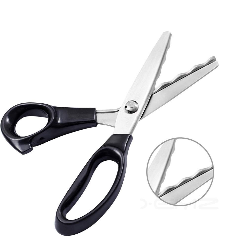 Scalloped pinking shears with black comfort grip handles, shown at an angle with a close-up inset of the serrated blade.