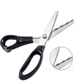 Scalloped pinking shears with black comfort grip handles, shown at an angle with a close-up inset of the serrated blade.
