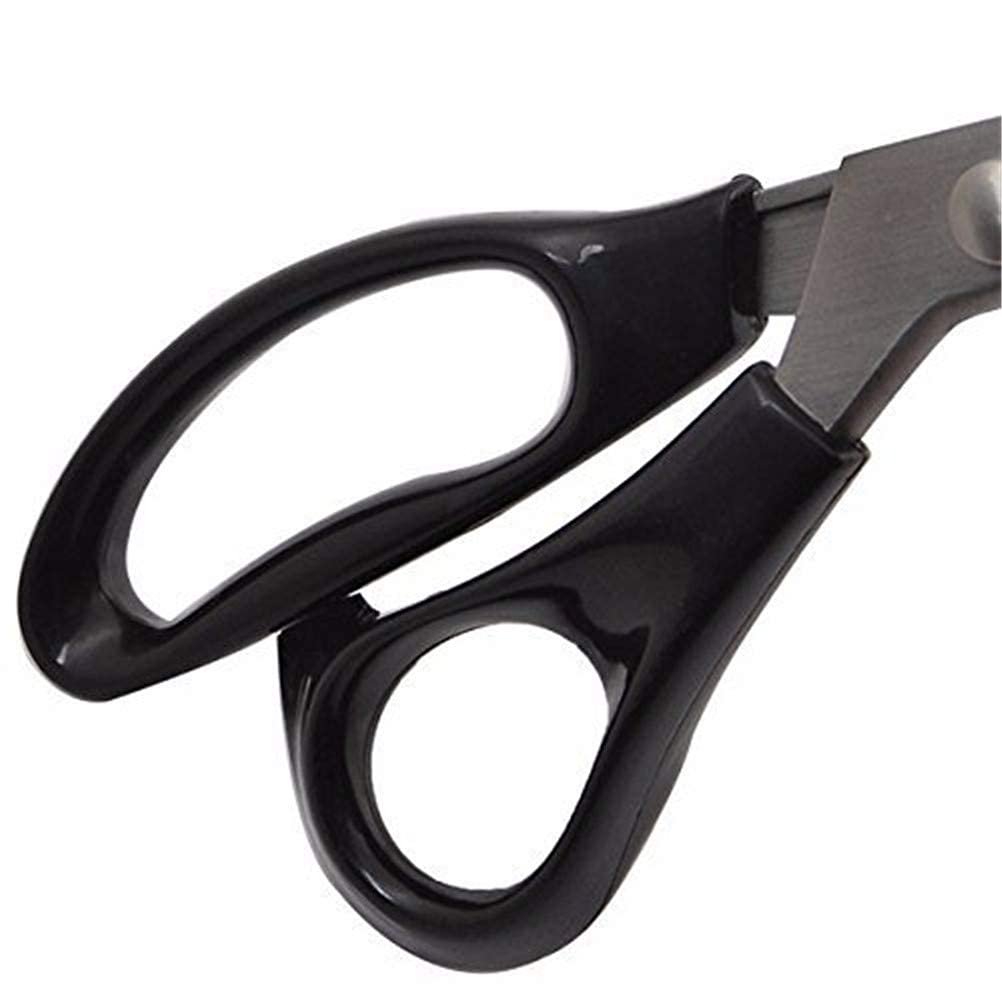 Close-up of black comfort grip handles and stainless steel blades of pinking shears on a white background.