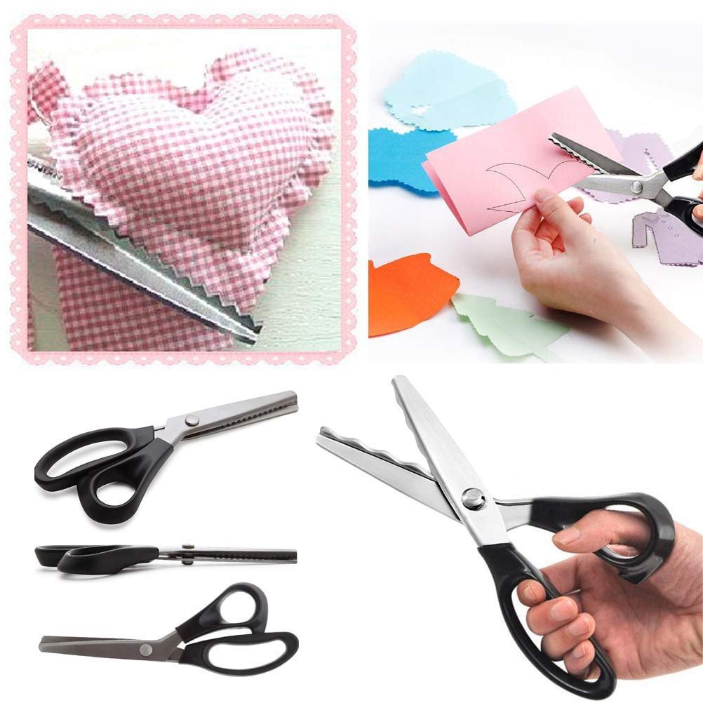 Scalloped pinking shears cutting pink gingham fabric and pink paper with decorative edge