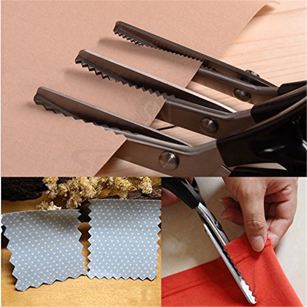 Scalloped pinking shears cutting brown paper and red fabric, with swatches of polka dot fabric shown.