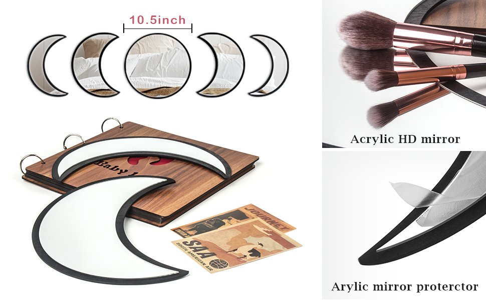 Acrylic moon phase wall mirrors and wooden baby book with decorative cards