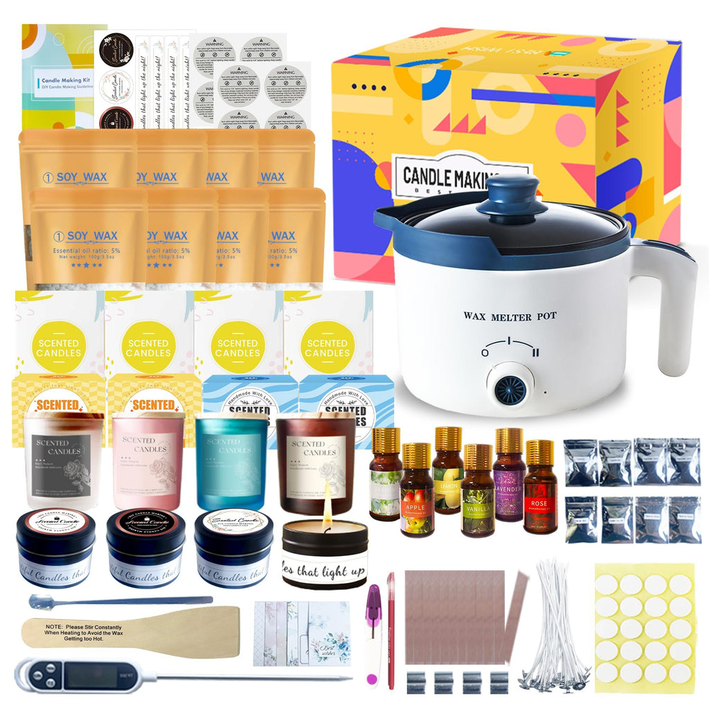 Flat lay of a comprehensive scented candle making kit including wax, fragrance oils, jars, wicks, and a wax melter pot.