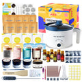 Flat lay of a comprehensive scented candle making kit including wax, fragrance oils, jars, wicks, and a wax melter pot.